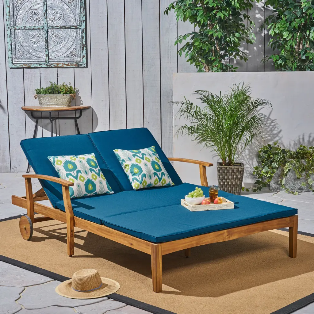 Perla Double Chaise Lounge Teak Acacia Wood Outdoor Patio Furniture nh-ihave