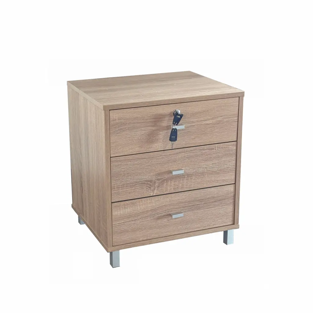 Natural Wood Hue Modern Three Drawer Nightstand Locking Top Drawer id international- inc.
