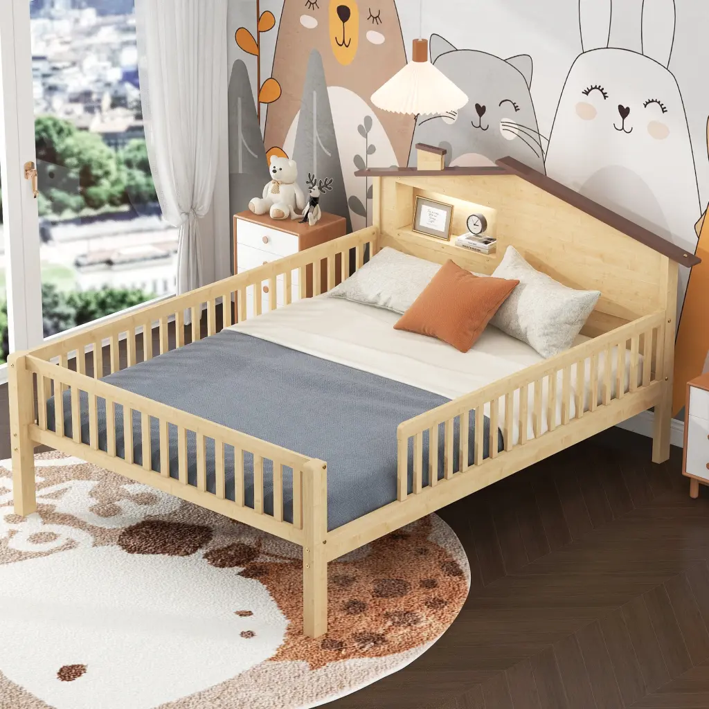 Full Size Wood Platform Bed Headboard LED Lights wm store