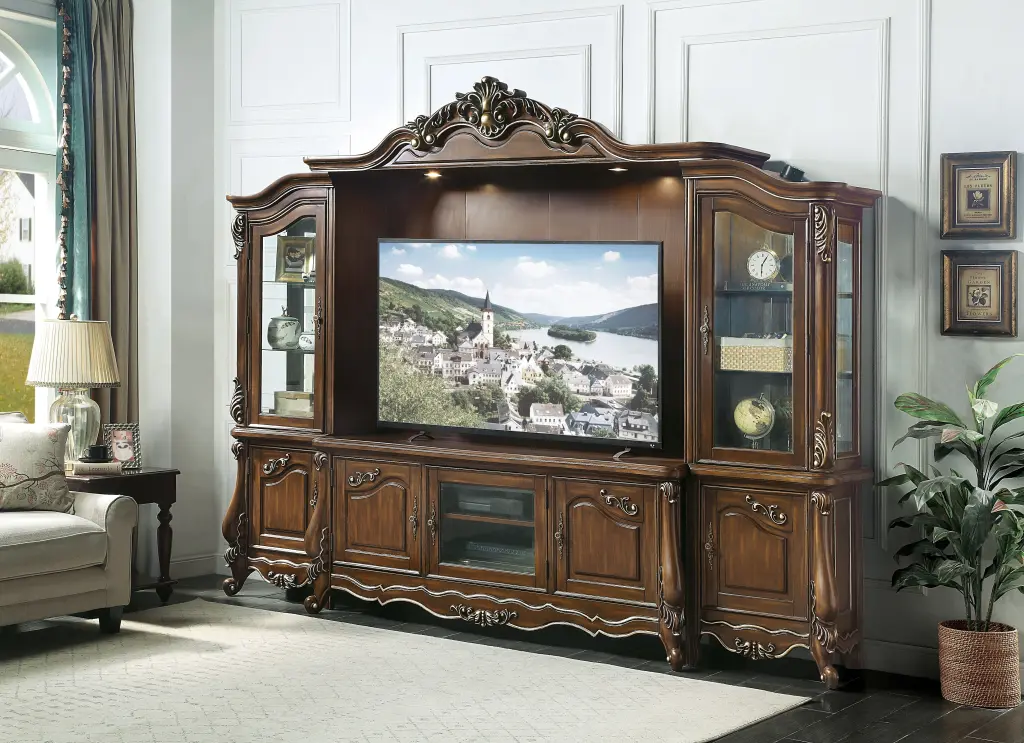 Latisha Entertainment Center Antique Oak Finish Solid Wood TV Stand Storage Shelves acme onsite store