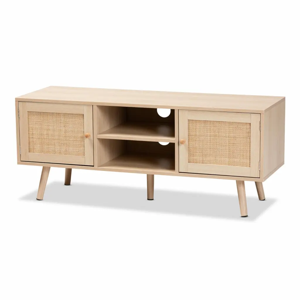 Baxton Studio Sebille Light Brown Wood 2-Door TV Stand Natural Rattan