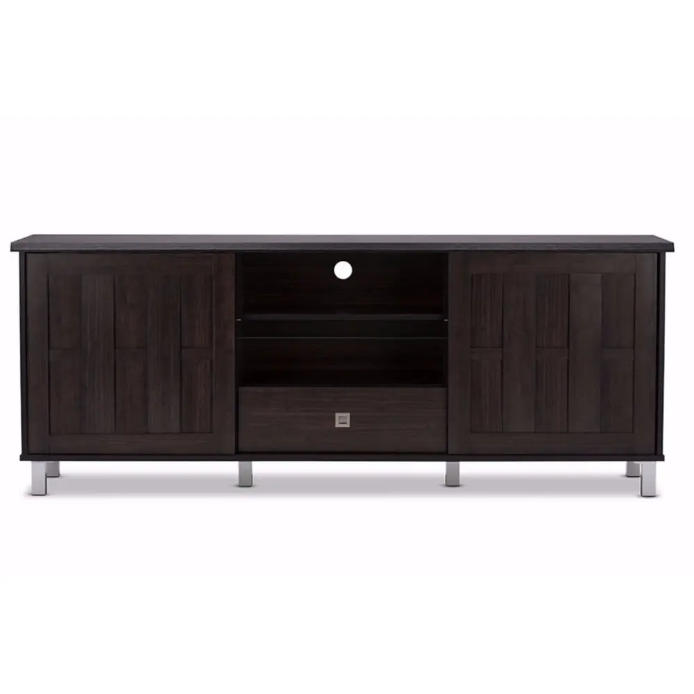 Unna 70-Inch Dark Brown Wood TV Cabinet 2 Sliding Doors and Drawer Baxton Studio