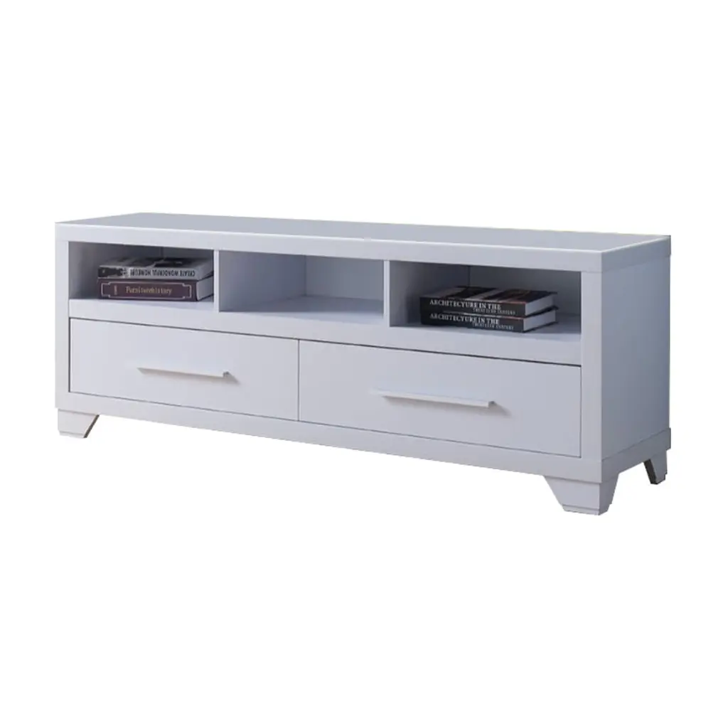 Benzara Wooden TV Stand 2 Drawers and 3 Open Shelves White