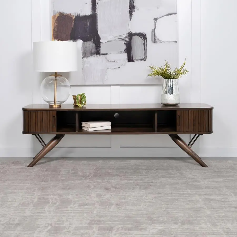 Coaster Valna 71 Inch Rectangular Wood TV Stand Sliding Doors Walnut Media Console Coaster Company