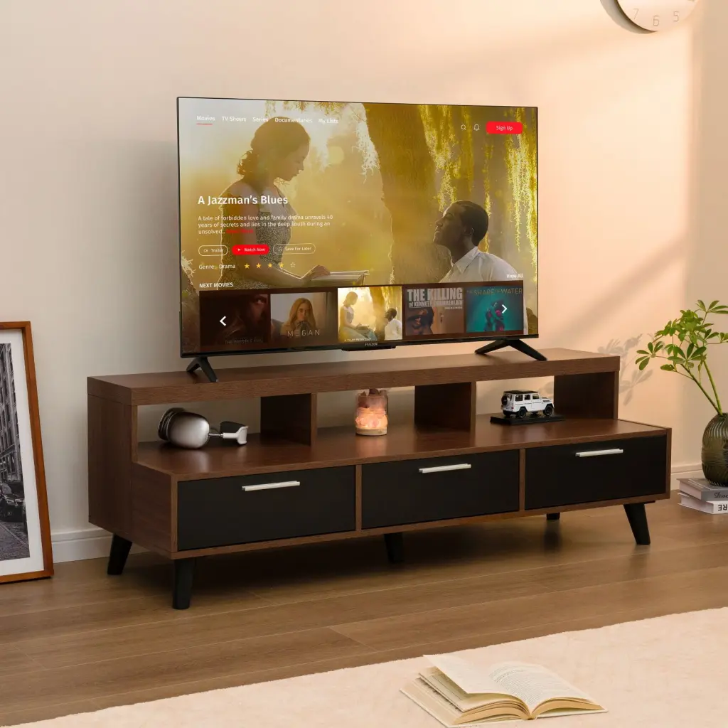 Wood TV Stand 60 Inch TV Entertainment Center Storage Modern Media Console Living Room Bedroom Walnut Cubehom