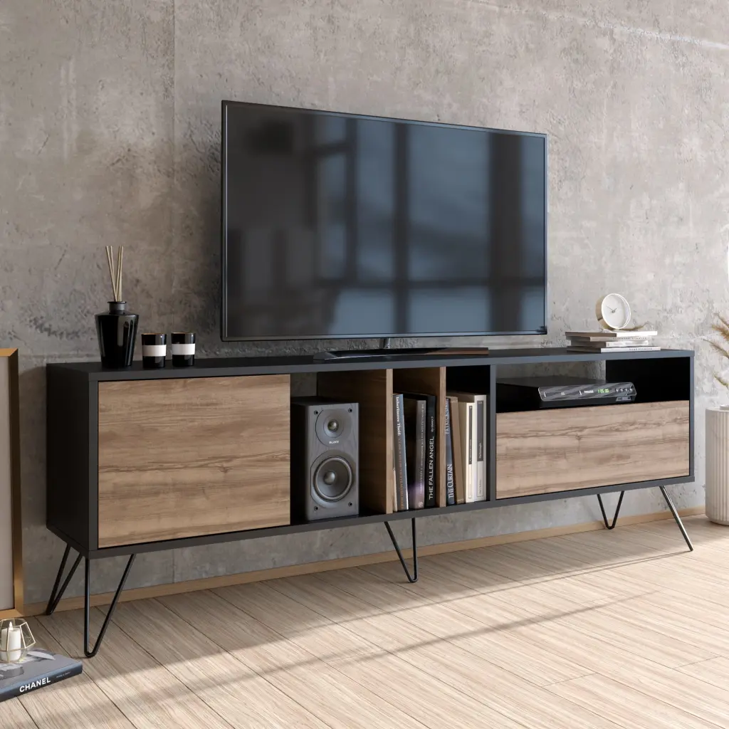 Mistico 71 Modern Wood TV Stand Metal Legs up to 75 Inch TVs Black Walnut Decorotika