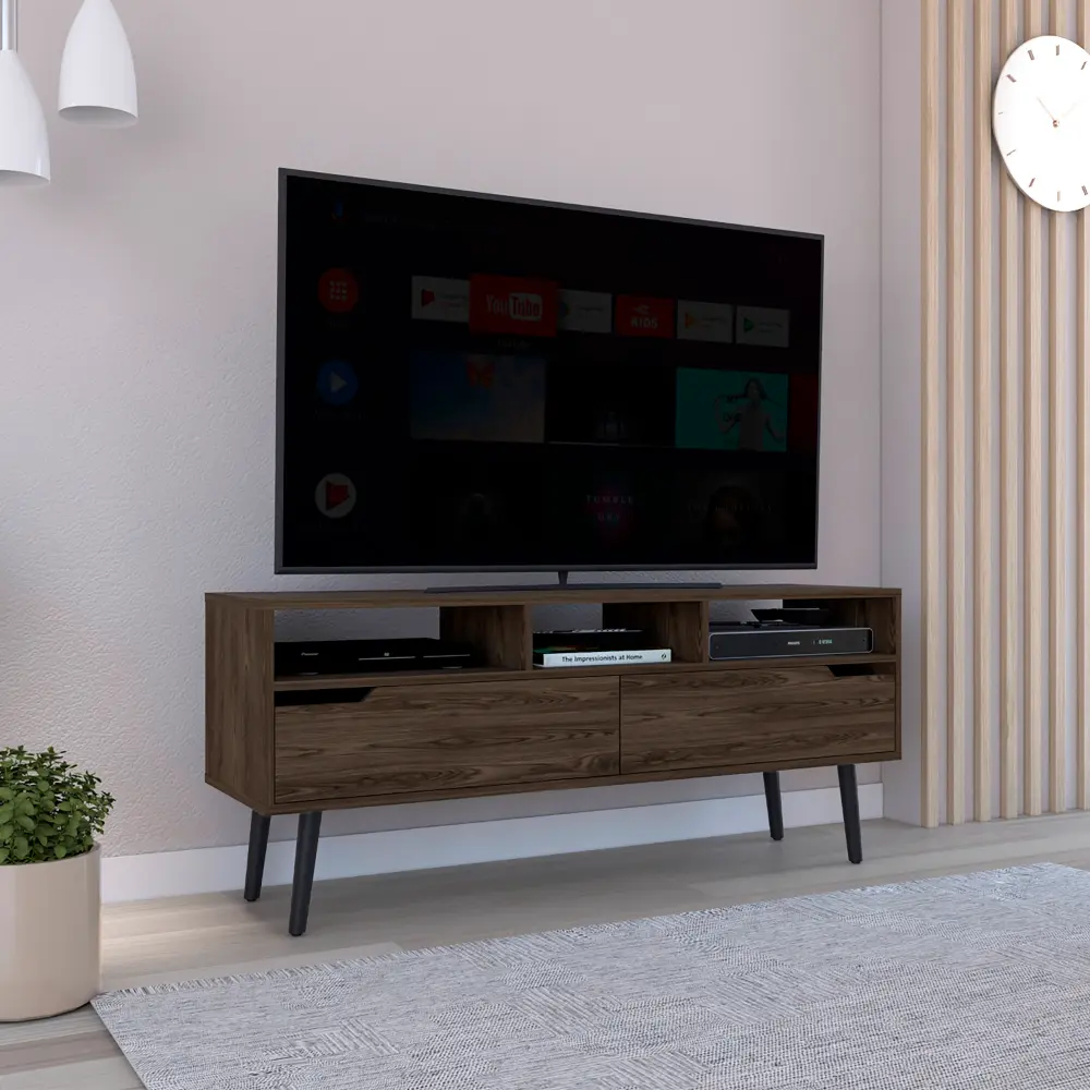 TV Stand TVs Up To 52 Inches Three Open Shelves Two Flexible Drawers Dark Wood depot e-shop