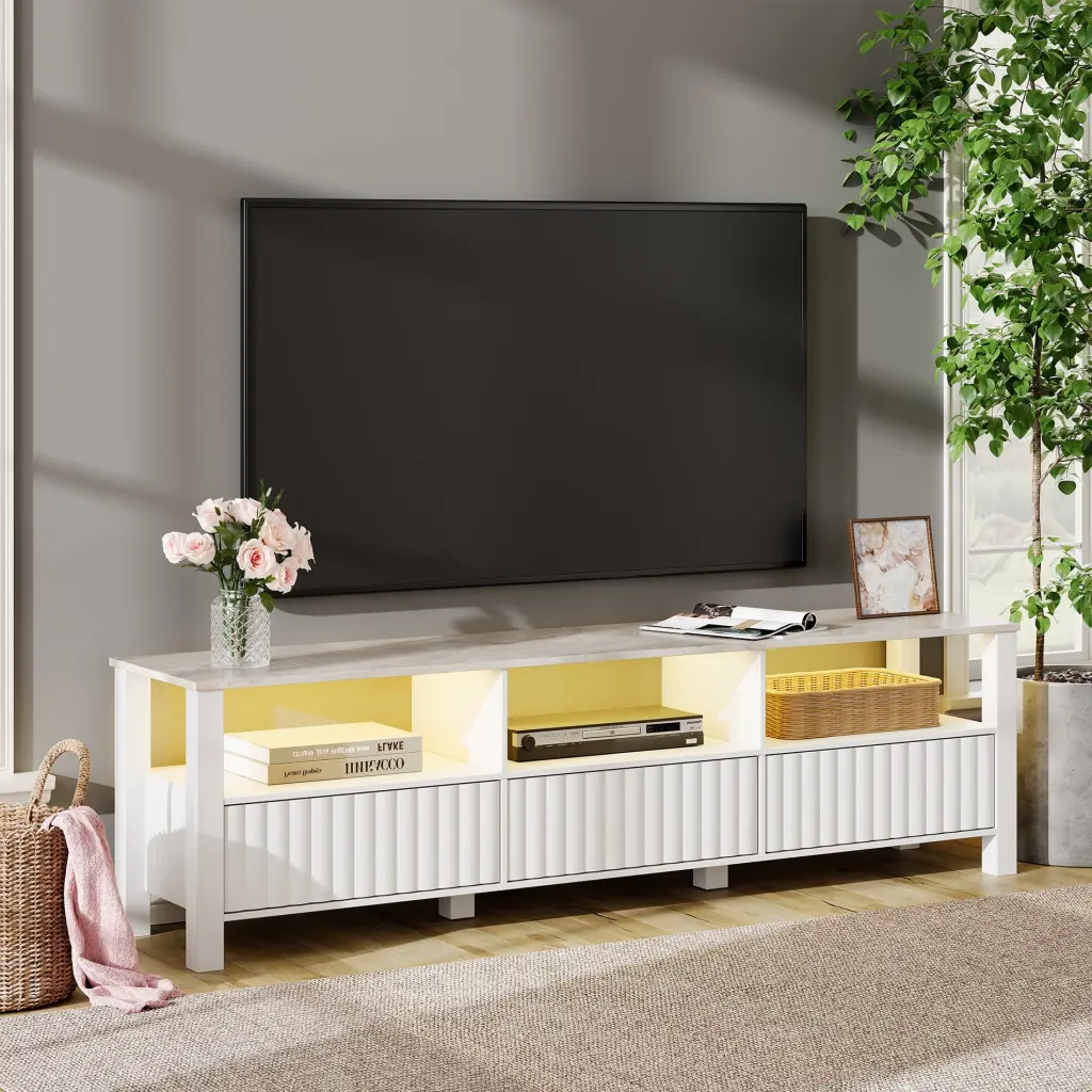 LED TV Stand 80 Inch TV - Wood Media Console Entertainment Center Television Table 6 Storage Living Room - 70 Inch White F...