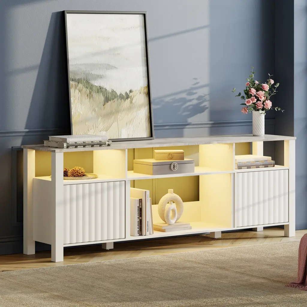 Modern White Wood LED TV Stand 75 Inch TV 6 Storage Cabinets Entertainment Center Living Room FITUEYES