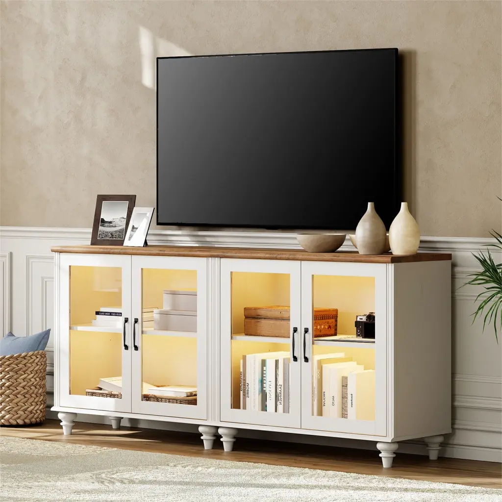 White Oak LED TV Stand 75 Inch TVs Glass Door and 4 Storage Cabinets FITUEYES