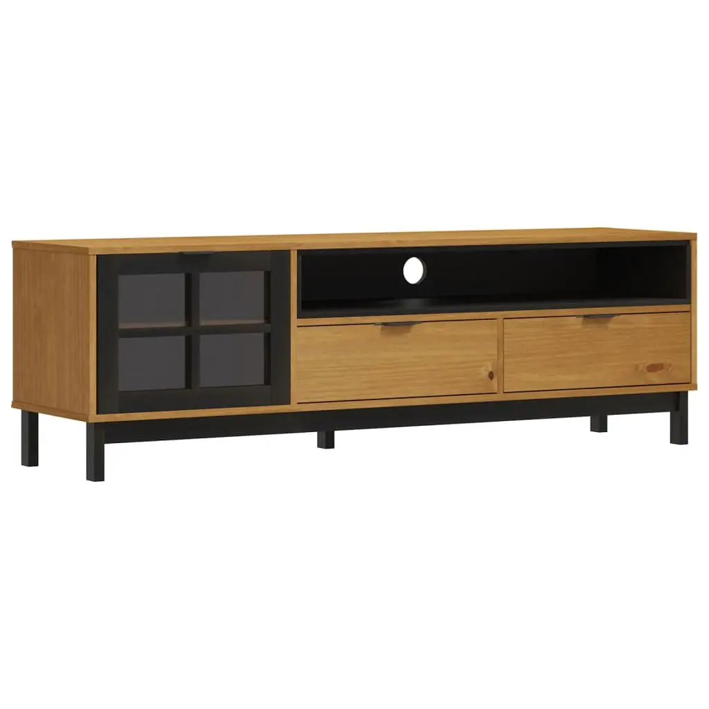 FLAM 62.2 Inch TV Stand Glass Door Solid Wood Pine Living Room