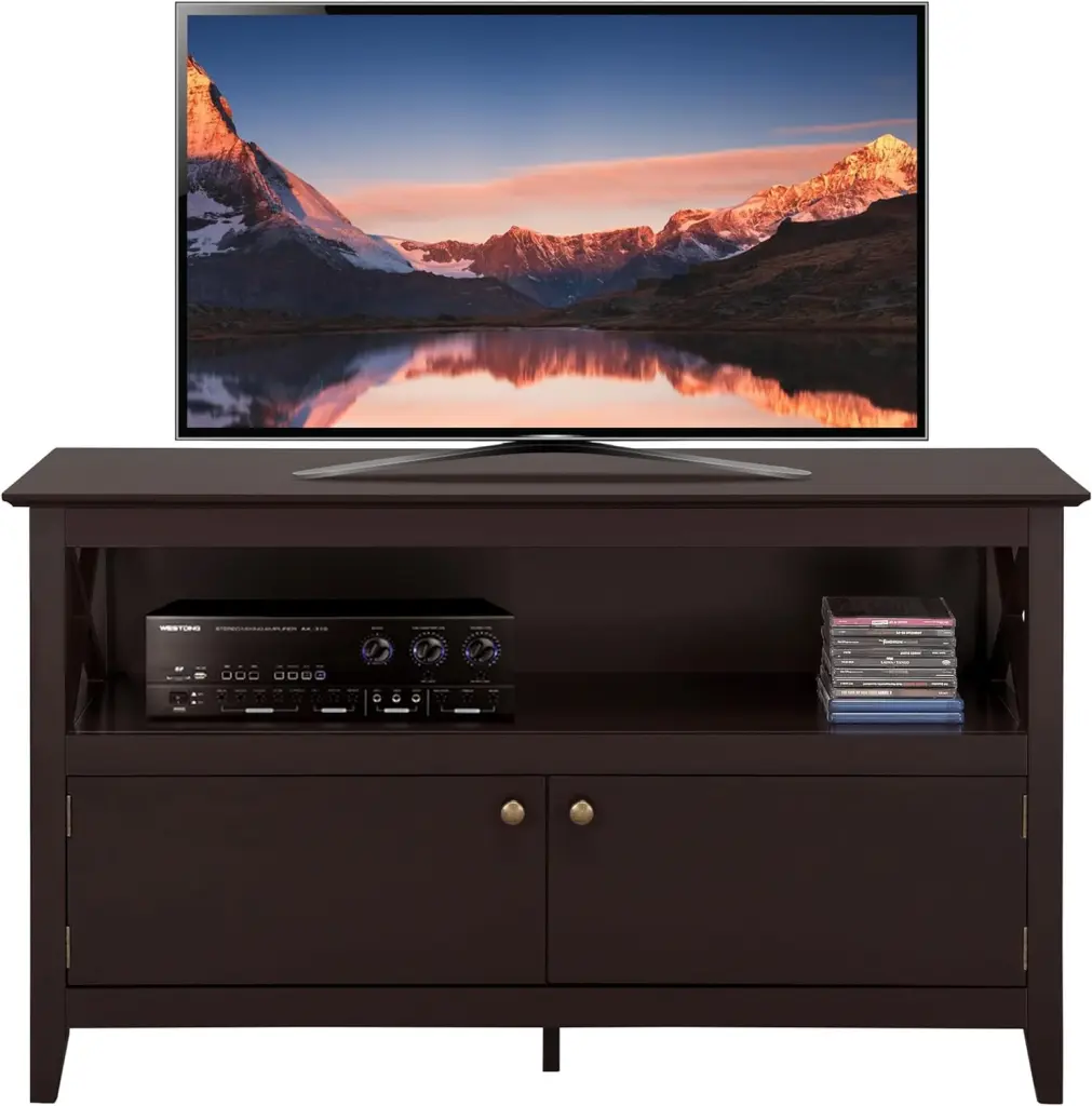 Wooden TV Stand TVs Up to 50 Inch Media Entertainment Center Table Storage Open Shelf and 2 Doors Espresso Living Room Fur...