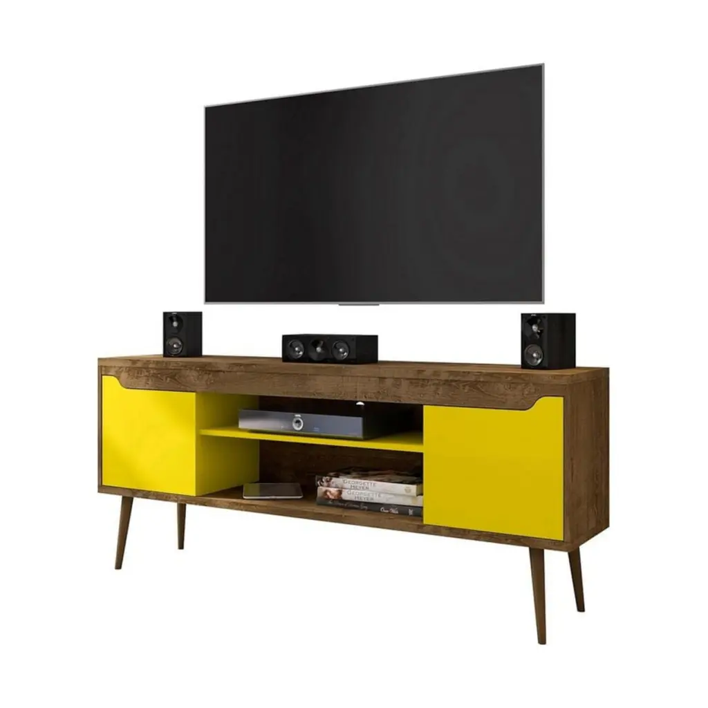 Manhattan Comfort Bradley Wood TV Stand 60 Inch TVs Rustic Brown Yellow Entertainment Center