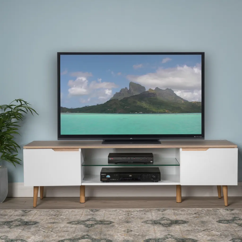 Noble House Crane TV Stand 2 Doors and Glass Shelf 60 Inch TVs White Oak Finish
