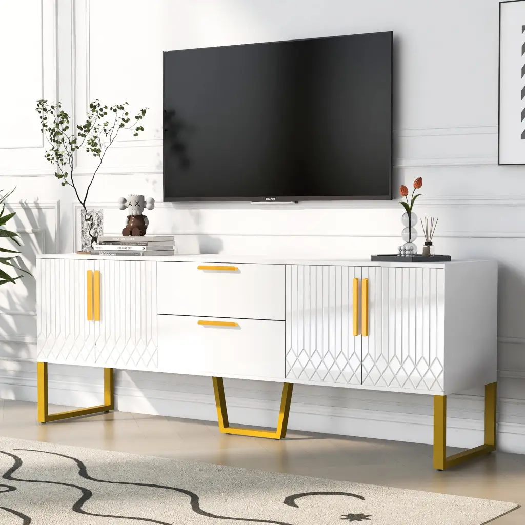 Modern Wood TV Stand Metal Legs and Handles Storage Cabinet Drawers 75 Inch TVs White Living Room Console OMCCHK