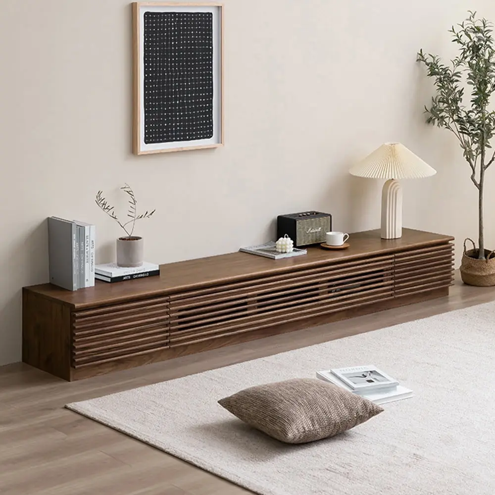 POVISON 70.87 Inch Minimalist TV Stand Drawers Solid Wood Media Console Walnut Veneer Fully-Assembled