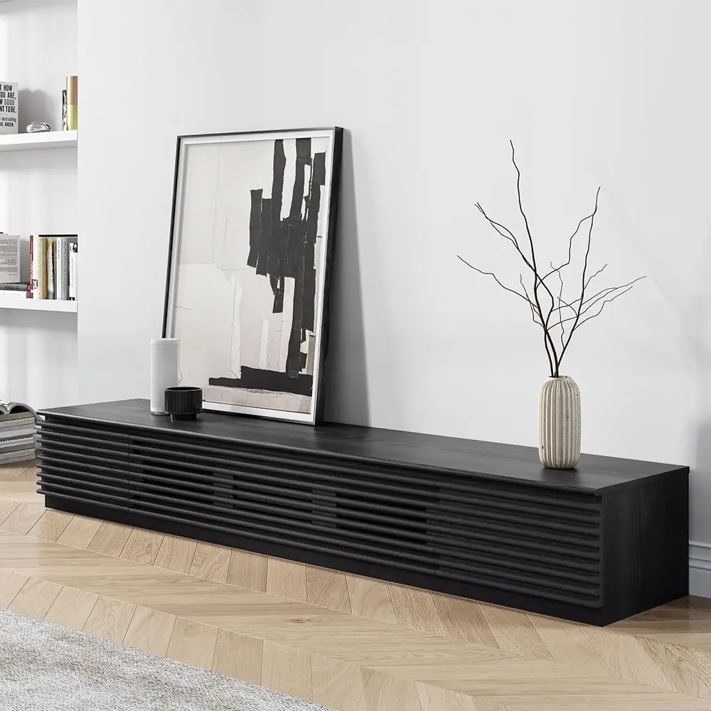 POVISON 86.61 Minimalist Black TV Stand Drawers - Solid Wood Media Console Flip-down Door