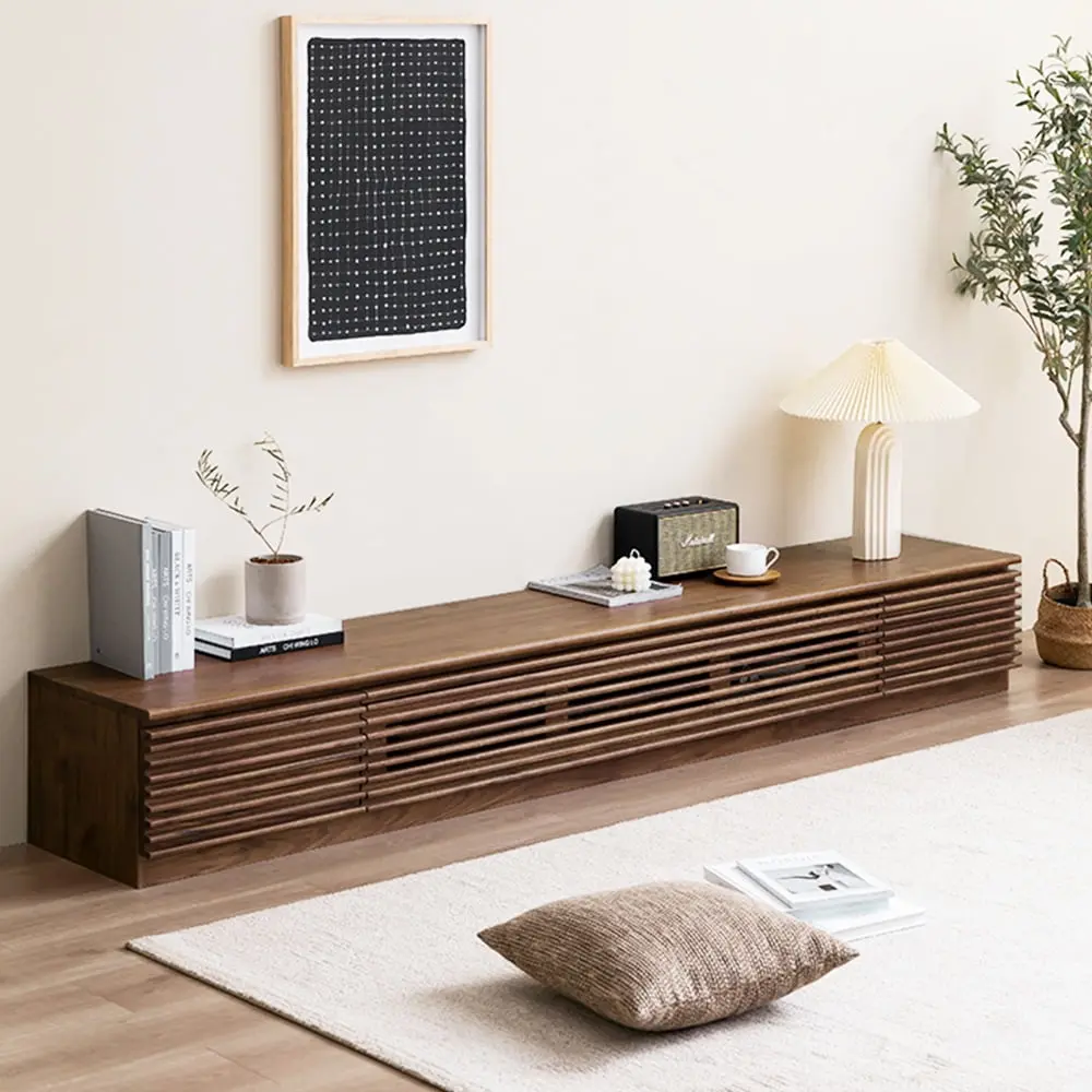 POVISON Minimalist TV Stand Drawers - 86 Inch Solid Wood Media Console Flip-down Door