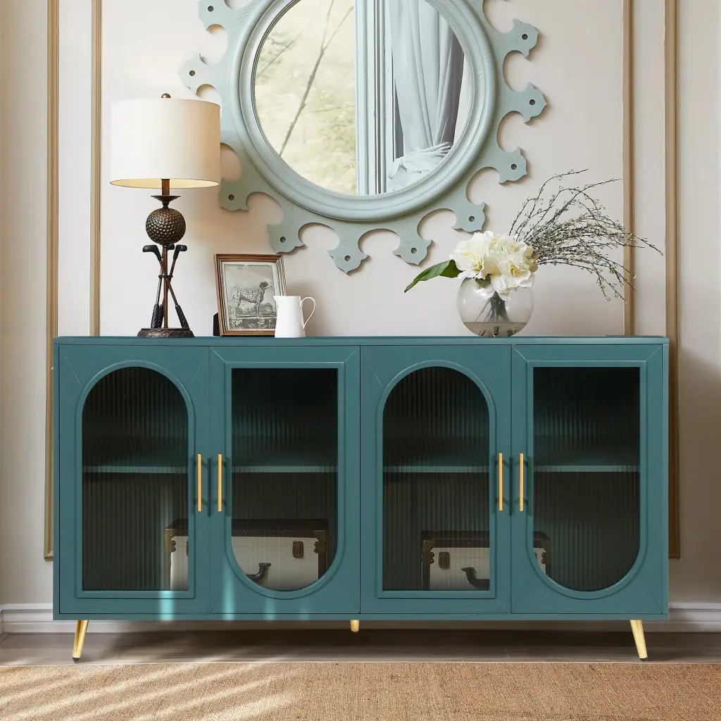 Elegant Wood TV Stand Fluted Glass Storage Cabinet and Adjustable Shelves TVs Up to 65 Inches SEALODY