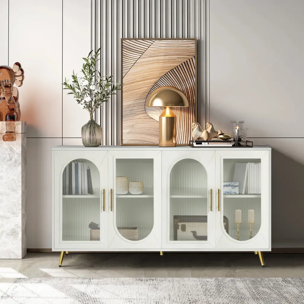 Elegant Wood TV Stand Fluted Glass Storage Cabinet and Adjustable Shelves Living Room or Bedroom SEALODY