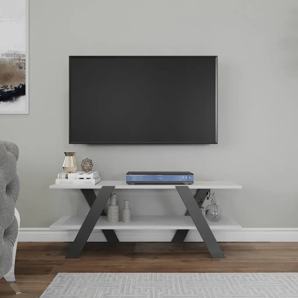 Modern 2 Tier Wood TV Stand TVs up to 55 Inch Entertainment Center Sound Bar Shelf White Anthracite Spirit