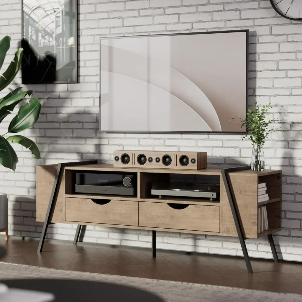 SunsGrove TV Stand 6 Open Shelves 65 Inch TVs Natural Wood