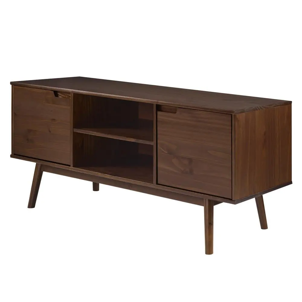 Adair 58 2-Door Solid Pine Wood TV Console Cutout Handles Walnut Walker Edison