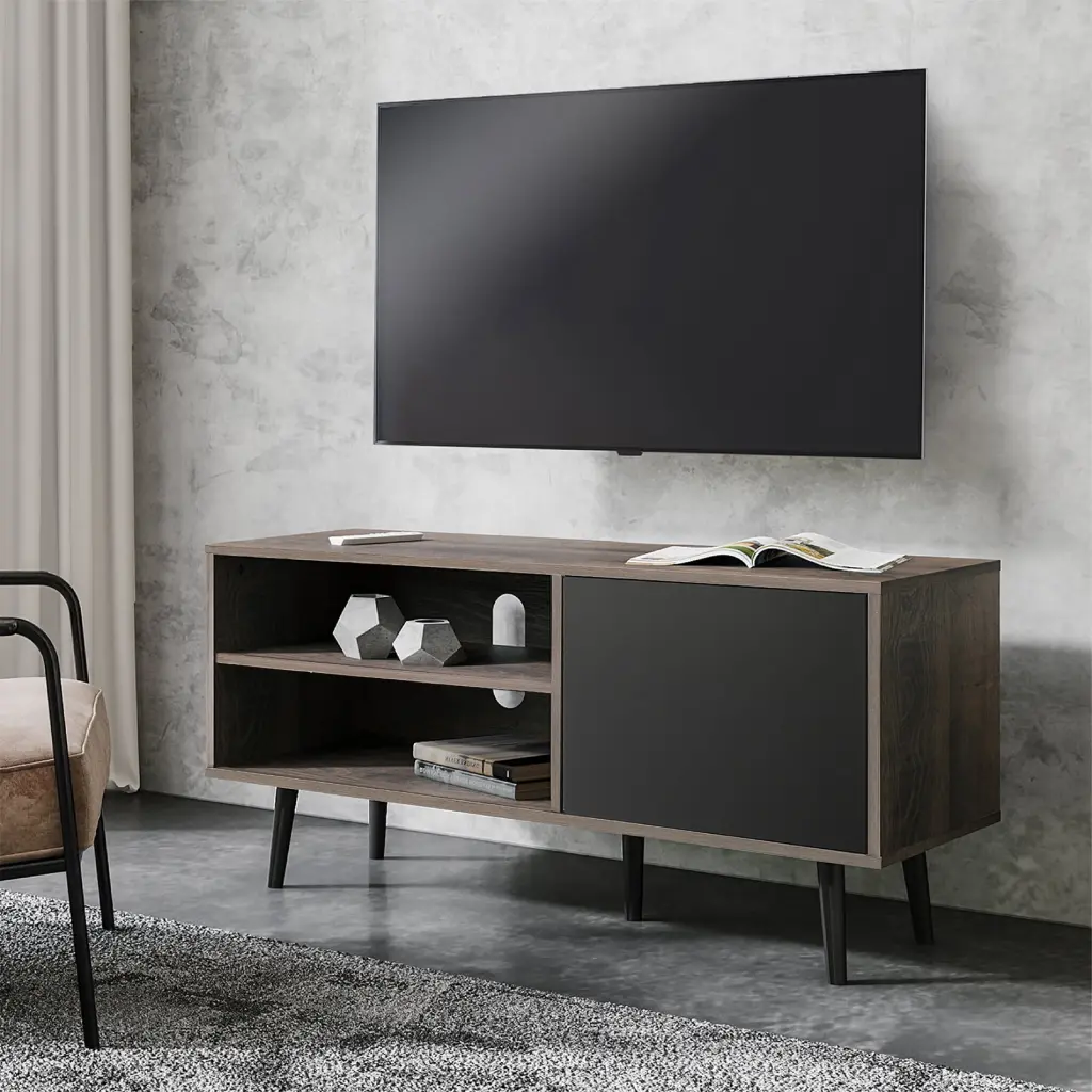 WAMPAT Mid Century Modern Wood TV Stand Storage TVs up to 55 Inches Black Gray