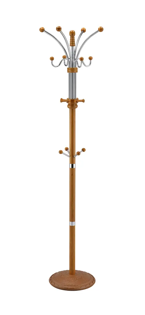 73 Inch Tall Chrome and Wood Coat Rack Oak Finish california home