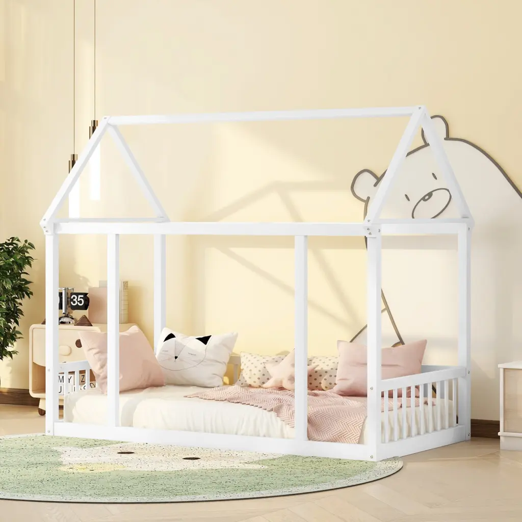 Twin Size Floor Wooden Bed Houtilize Roof Frame and Safety Guardrails bonwell