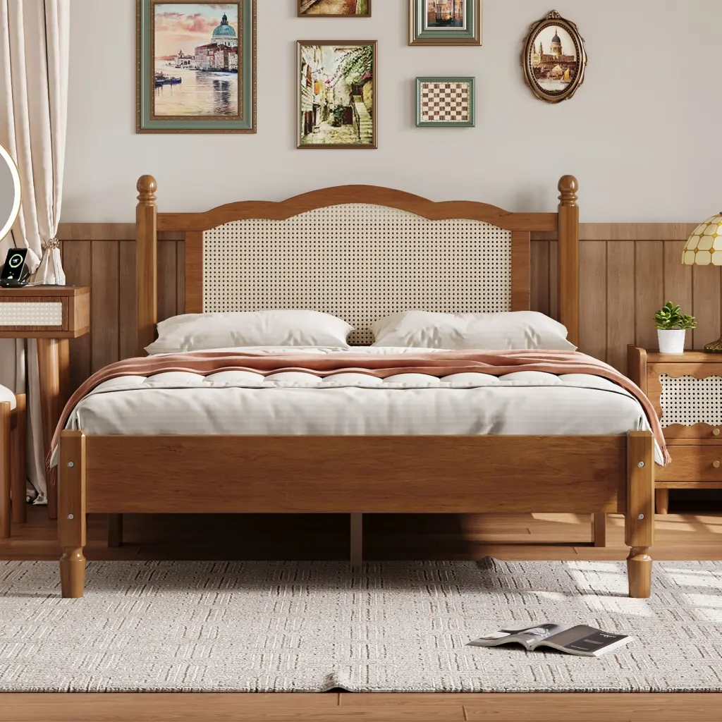 Full Size Wood Platform Bed Natural Rattan Headboard Vintage Design homey life