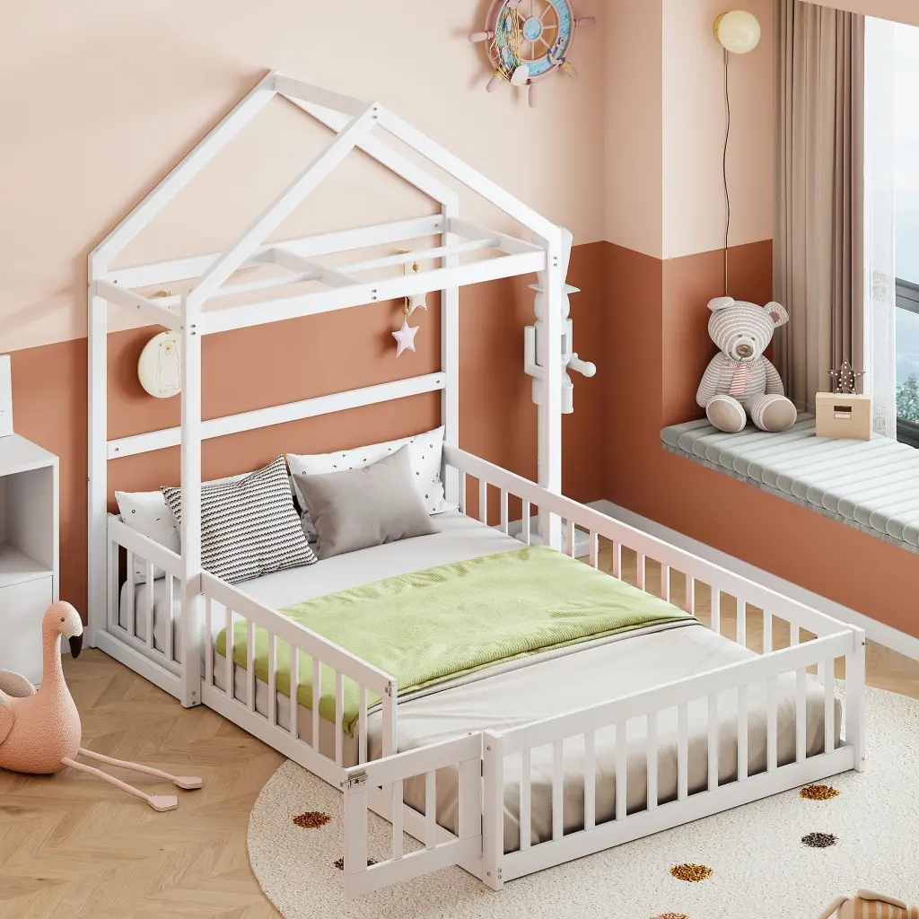 Wooden Floor Bed Fence Railings And Detachable Houtilize Headboard homey life