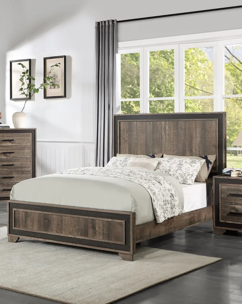 Oak Finish High Headboard Queen Size Bed Frame Elegant Bedroom Furniture kanepe