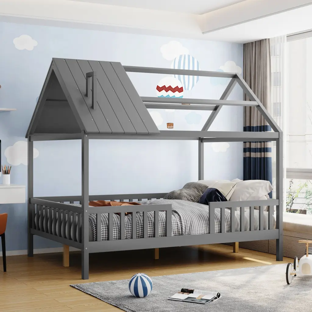 Full Size Wood Houtilize Bed Fence Gray Solid Wood Frame lucky furniture