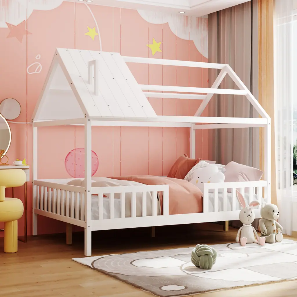 Full Wood Houtilize Bed Fence White Solid Wood Safety Bed Frame lucky furniture