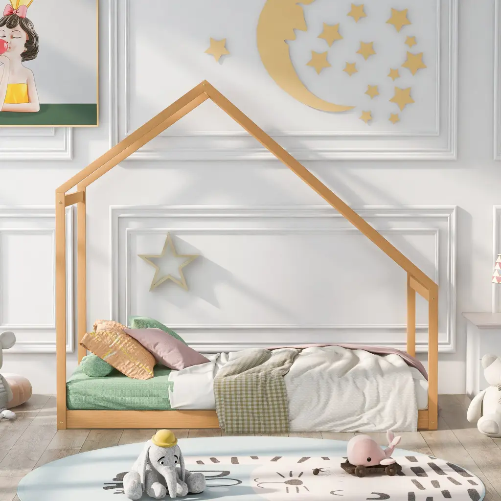Twin Wooden Houtilize Bed Natural Solid Wood Frame lucky furniture