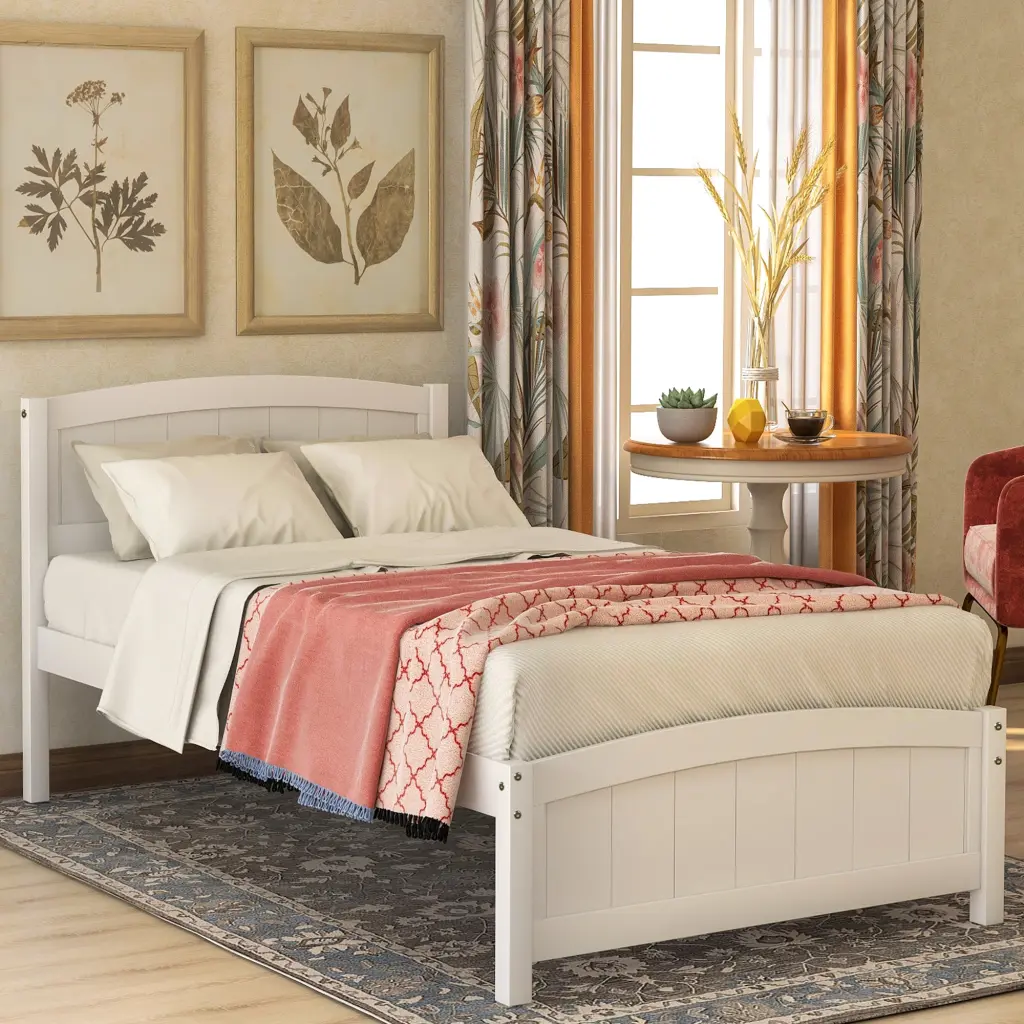 White Wood Platform Bed Headboard Footboard And Wood Slat Support lucky furniture