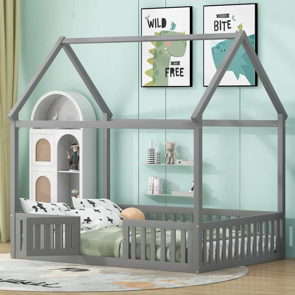 Full Dimensions Wood Houtilize Bed Fence and Door Gray Box Spring Not Required wm store