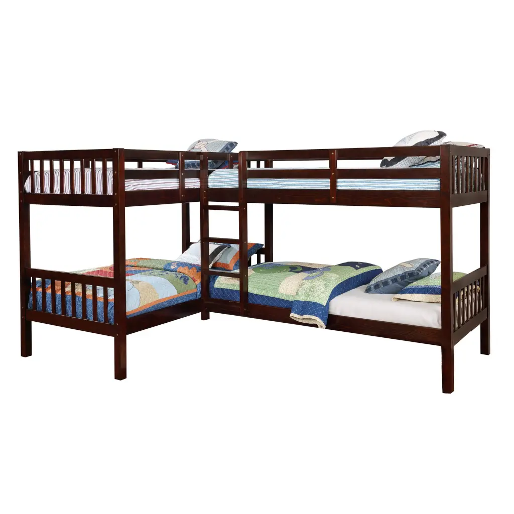 Wooden L-Shaped Twin Quad Bunk Bed Attached Ladder Brown Finish royal hampton