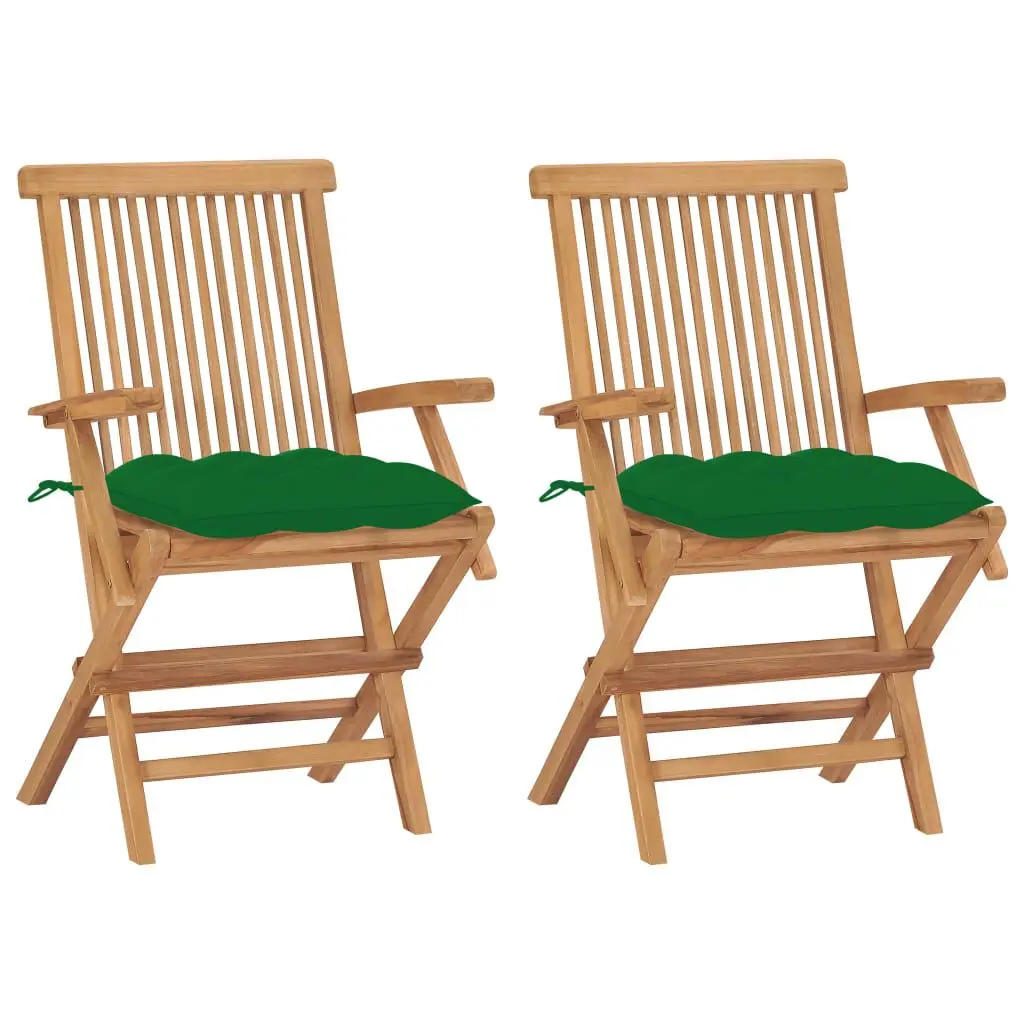 Solid Teak Wood Patio Chairs Green Cushions Set 2 Outdoor Furniture