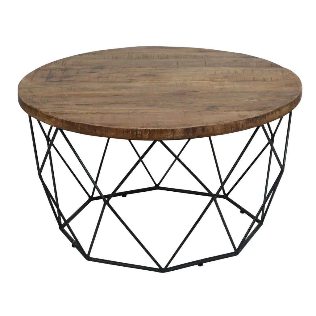 Round Wooden Coffee Table Geometric Cutout Iron Base Black Brown Saltoro Sherpi Casagear