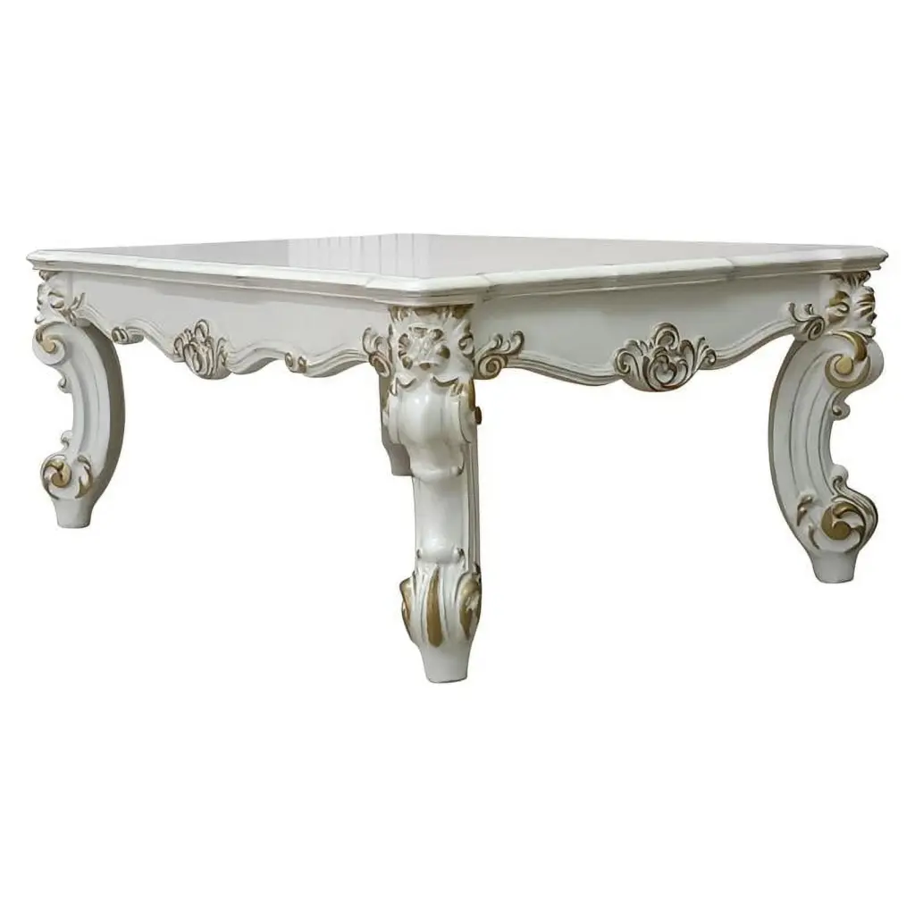 Pemberly Row Wooden Coffee Table Scrolled Leg Antique Pearl
