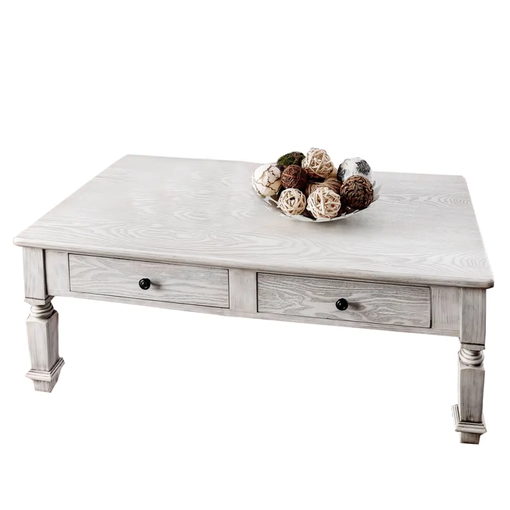 Transitional Wooden Coffee Table Turned Legs and 2 Drawers White Saltoro Sherpi