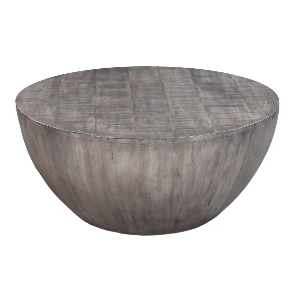 Urban Port 36 Inch Round Coffee Table Handcrafted Drum Shape Mango Wood Olive Gray Finish