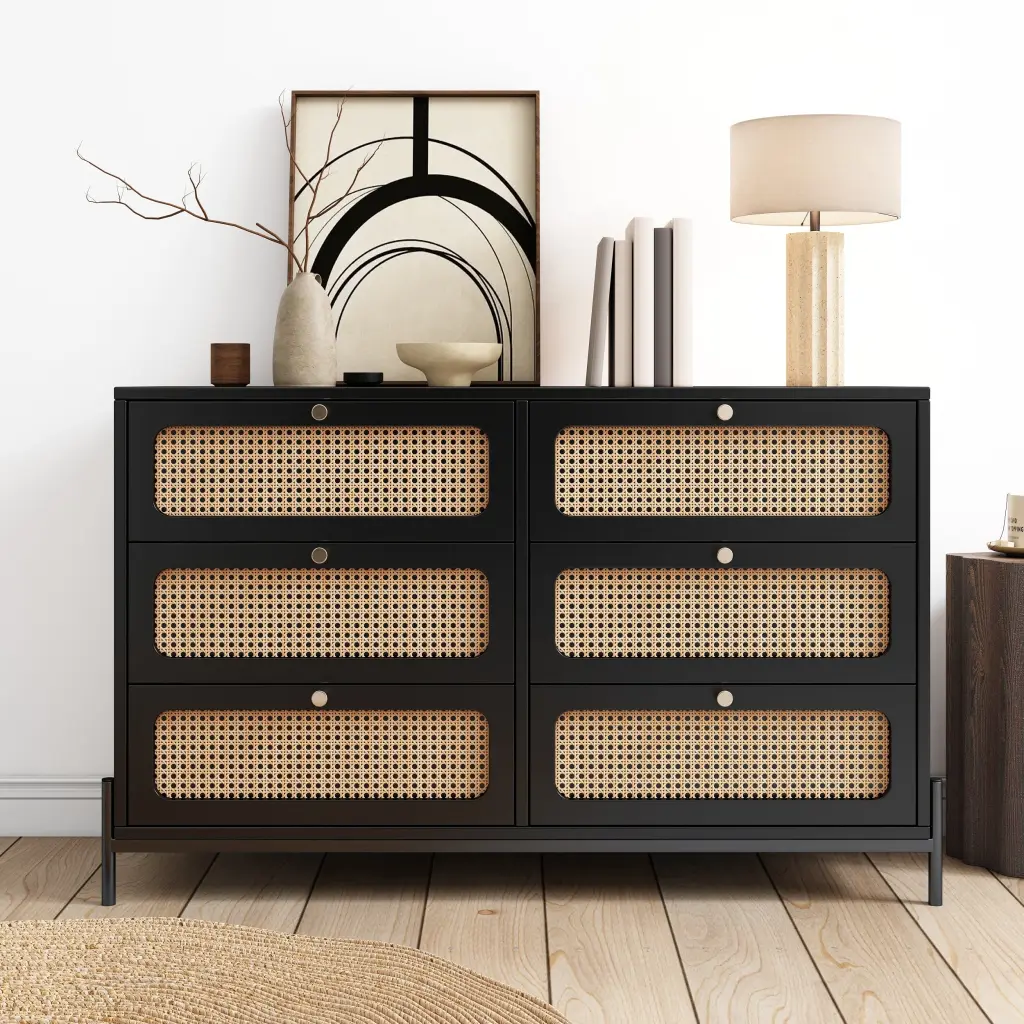 Modern Cannage Rattan Wood Closet 6 Drawers and Wood Storage Cabinet bed best