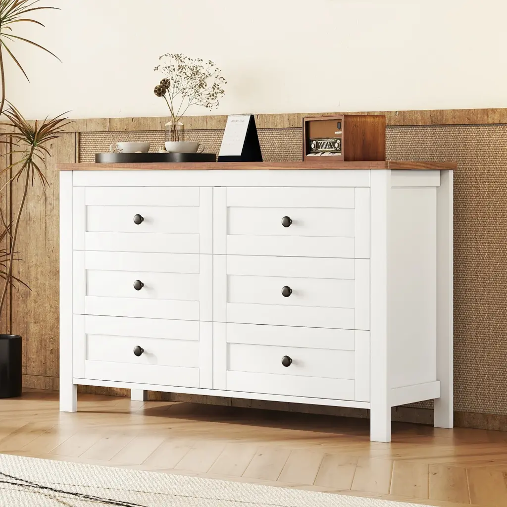 Retro Farmhouse Style Wooden Dresser 6 Drawers Storage Cabinet Bedroom homey life