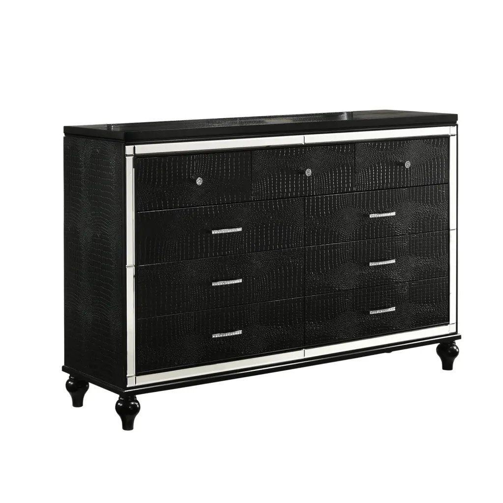 9 Drawer Wooden Dresser Embossed Texture and Mirror Accents Black royal hampton