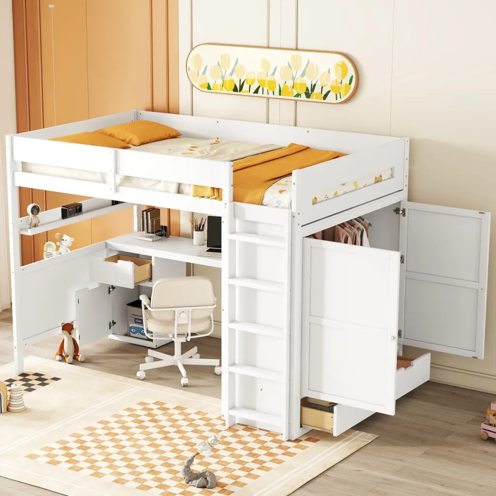 Full Dimensions Wooden Loft Bed Wardrobe Desk Drawers Shelves White lucky furniture