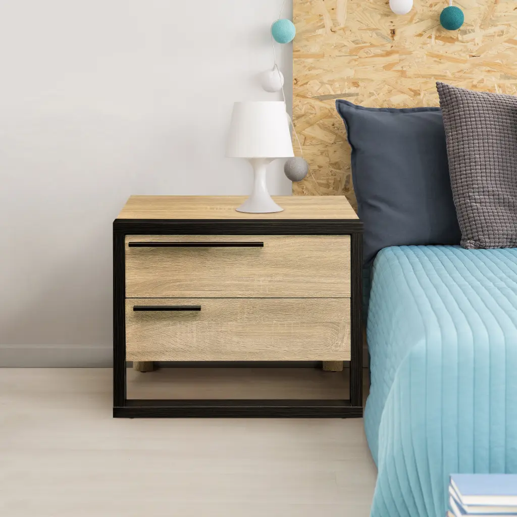 Oak and Black 2 Drawer Nightstand Black Brown Bedroom Rectangle Side Table furniture max