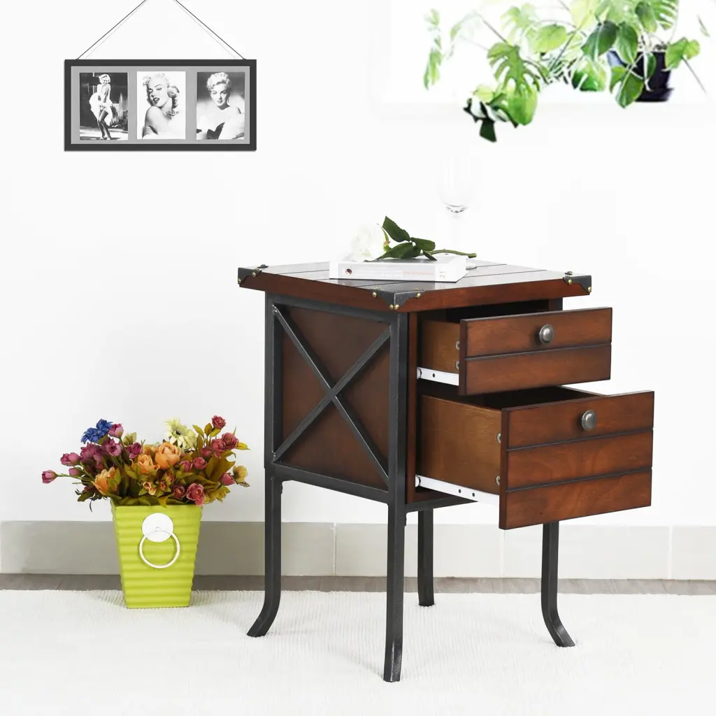 Homy Casa End Side Table 2 Drawers Wooden Nightstand Sofa Table X-Design Metal Frame Brown